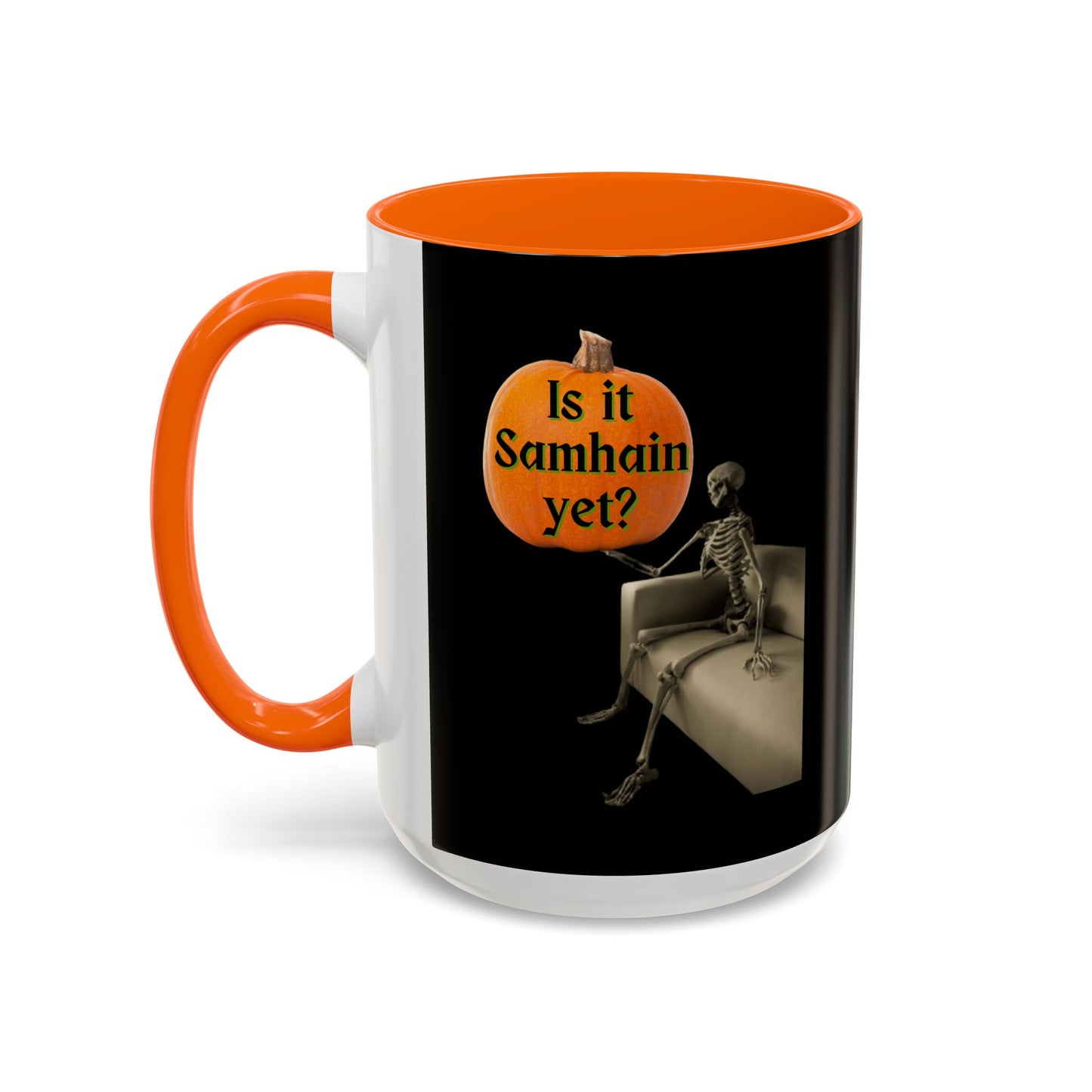 Is it Samhain yet? Skeleton's Pumpkin Black Accent Mug by CreepyCrafts.boo