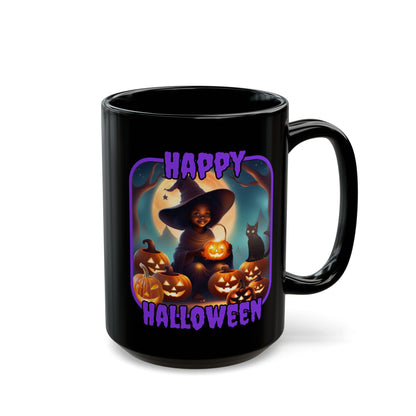 Happy Halloween Cute Witch Purple font Black Mug by CreepyCrafts.boo