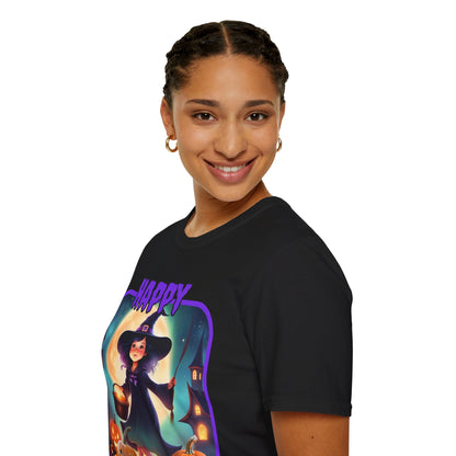 Happy Halloween Little Witch Purple font, Dark colors, Unisex T-Shirt by CreepyCrafts.boo