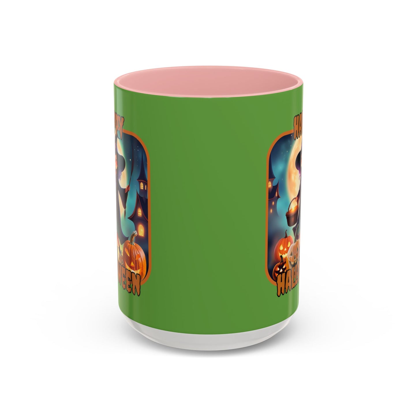 Happy Halloween Little Witch Orange font Green Accent Mug by CreepyCrafts.boo