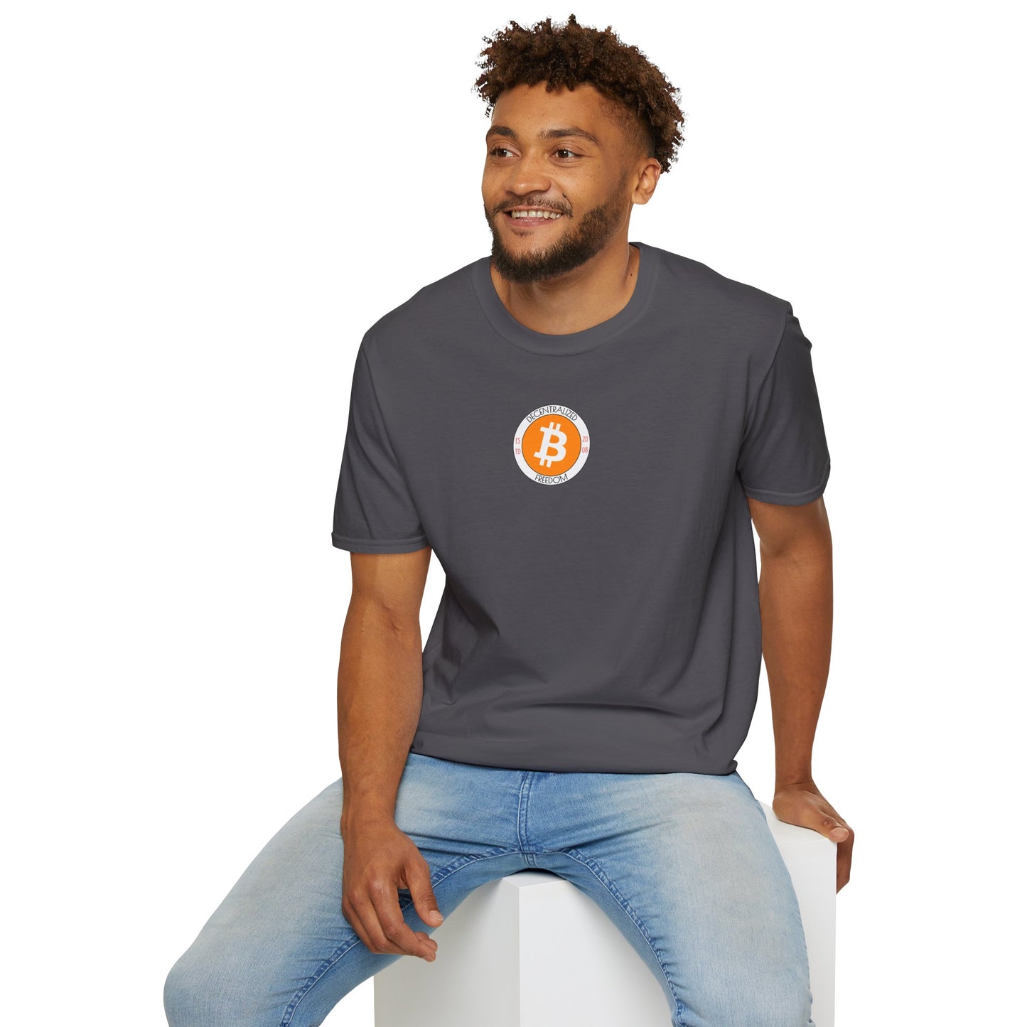 2-sided, Bitcoin (BTC) Decentralized Freedom Dark colors Unisex T-Shirt by cypherpunkgear.com