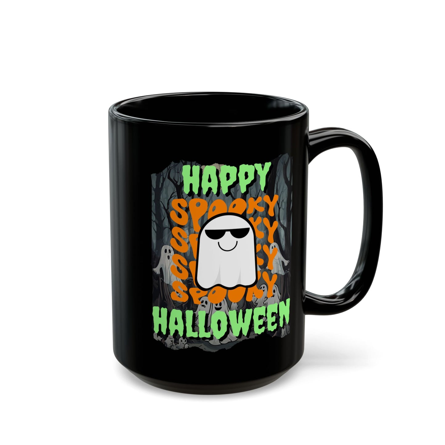 Spooky Happy Halloween Ghost Green font Black Mug by CreepyCrafts.boo