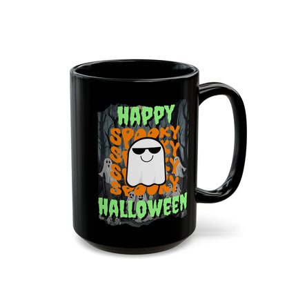 Spooky Happy Halloween Ghost Green font Black Mug by CreepyCrafts.boo