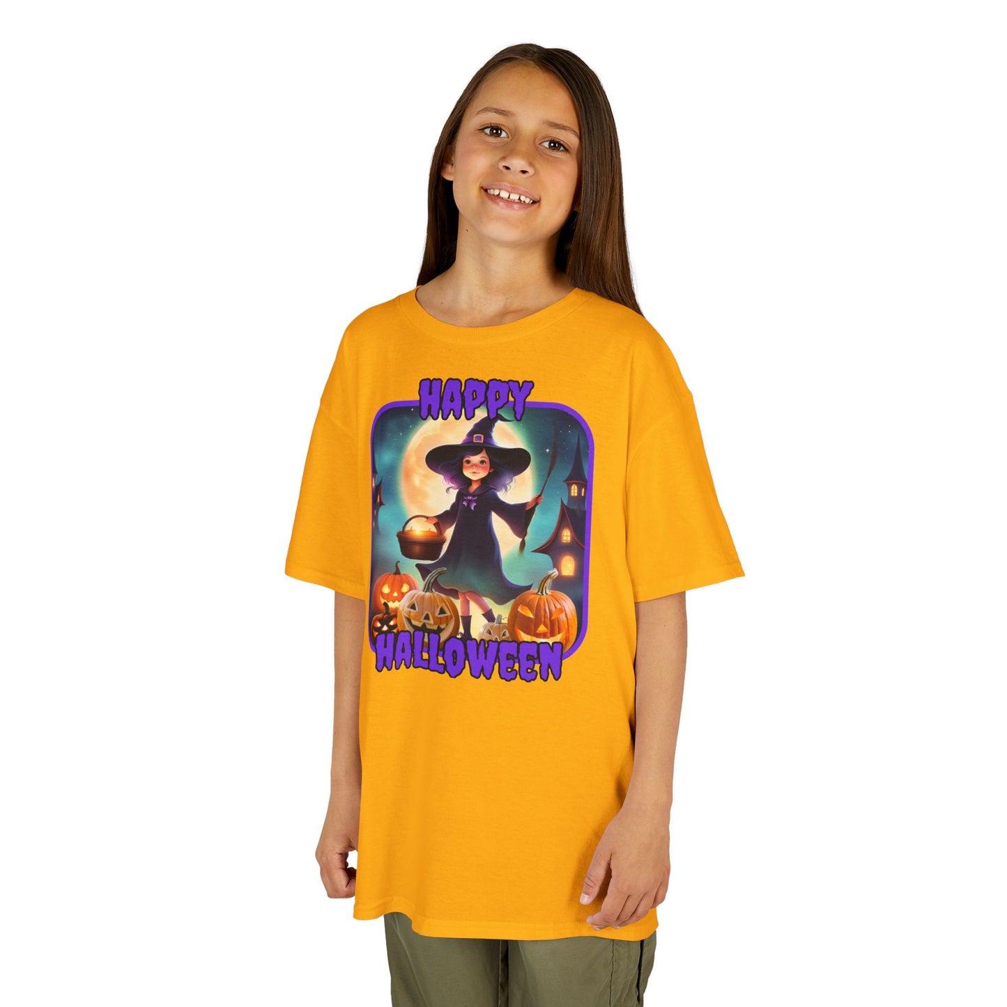 Happy Halloween Little Witch Purple font Kids Heavy Cotton™ Tee by CreepyCrafts.boo