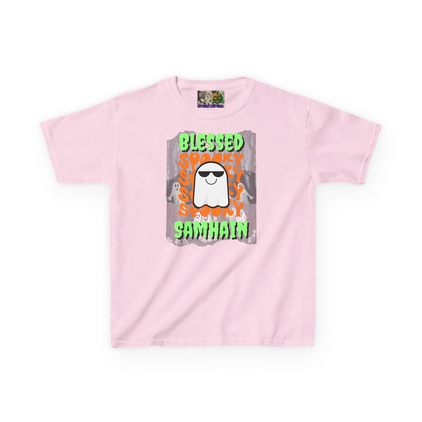 Spooky Blessed Samhain Ghost Green font Kids Heavy Cotton™ Tee by CreepyCrafts.boo