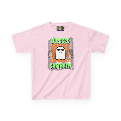 Spooky Blessed Samhain Ghost Green font Kids Heavy Cotton™ Tee by CreepyCrafts.boo