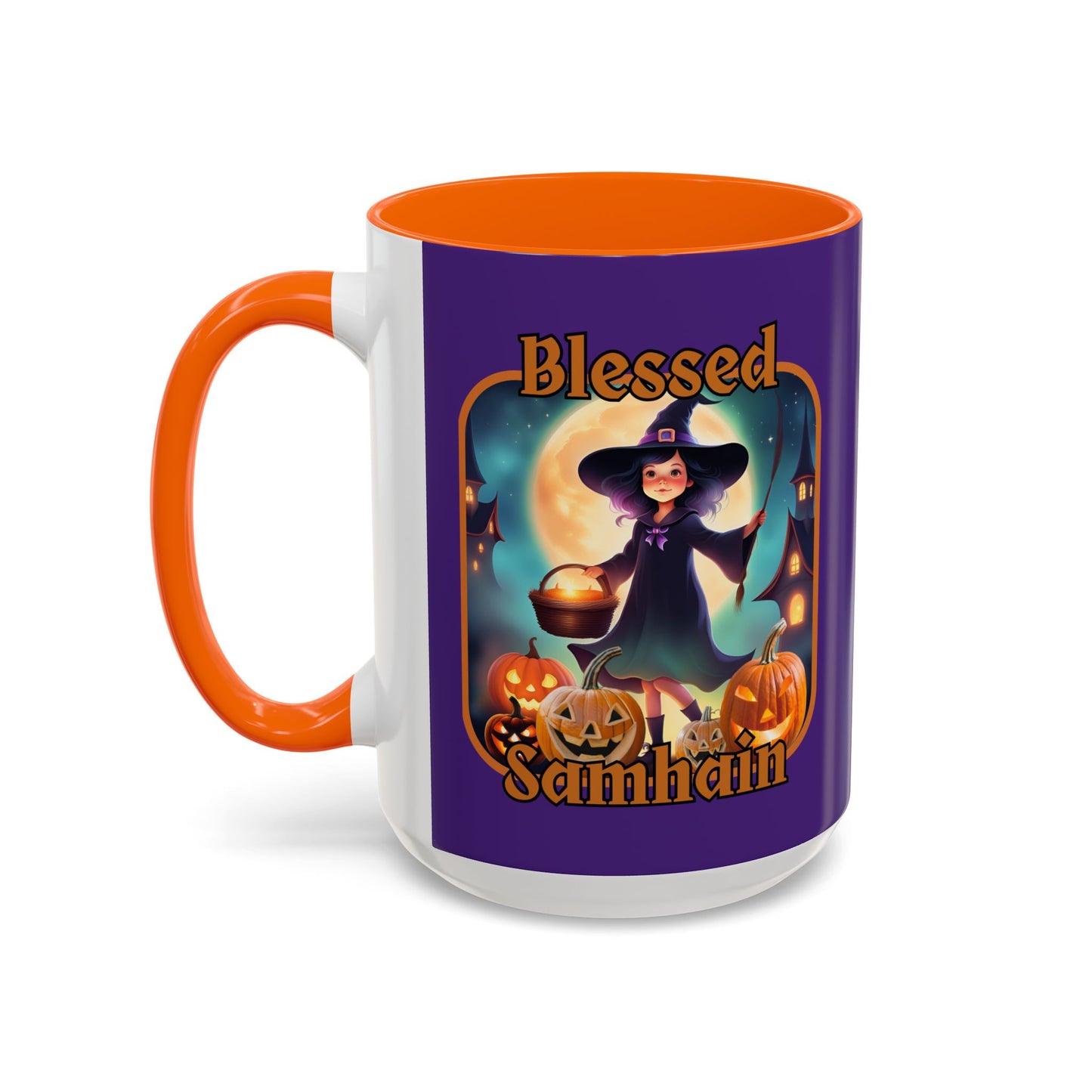 Blessed Samhain Little Witch Orange font Purple Accent Mug by CreepyCrafts.boo