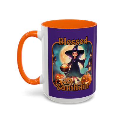 Blessed Samhain Little Witch Orange font Purple Accent Mug by CreepyCrafts.boo