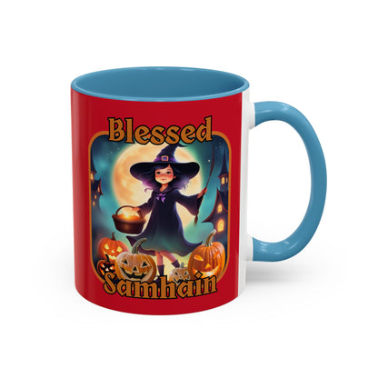Blessed Samhain Little Witch Orange font Red Accent Mug by CreepyCrafts.boo