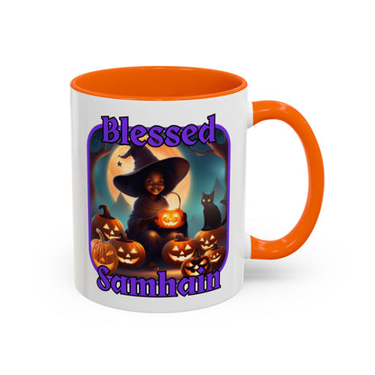 Blessed Samhain Cute Witch Purple font White Accent Mug by CreepyCrafts.boo
