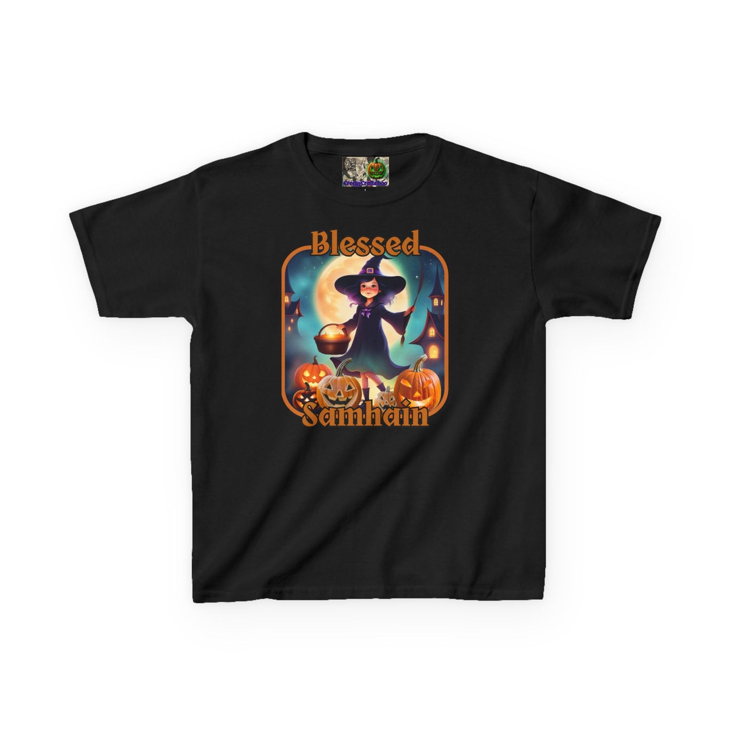 Blessed Samhain Little Witch Orange font Kids Heavy Cotton™ Tee by CreepyCrafts.boo