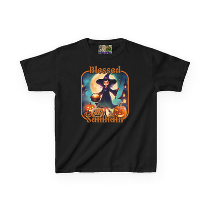 Blessed Samhain Little Witch Orange font Kids Heavy Cotton™ Tee by CreepyCrafts.boo