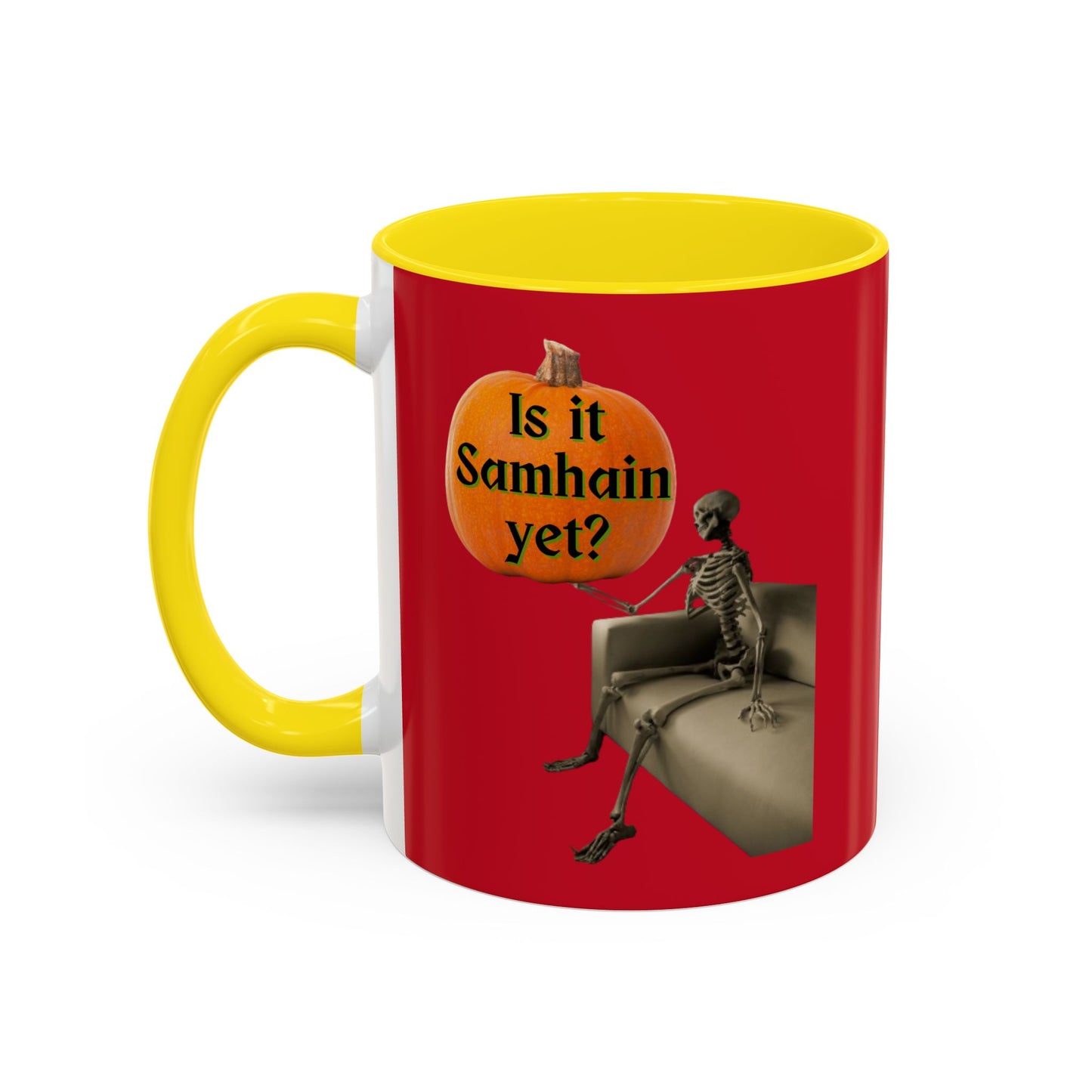 Is it Samhain yet? Skeleton's Pumpkin Red Accent Mug by CreepyCrafts.boo
