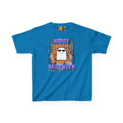 Spooky Happy Halloween Ghost Purple font Kids Heavy Cotton™ Tee by CreepyCrafts.boo
