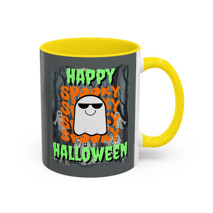 Spooky Happy Halloween Ghost Green font Grey Accent Mug by CreepyCrafts.boo
