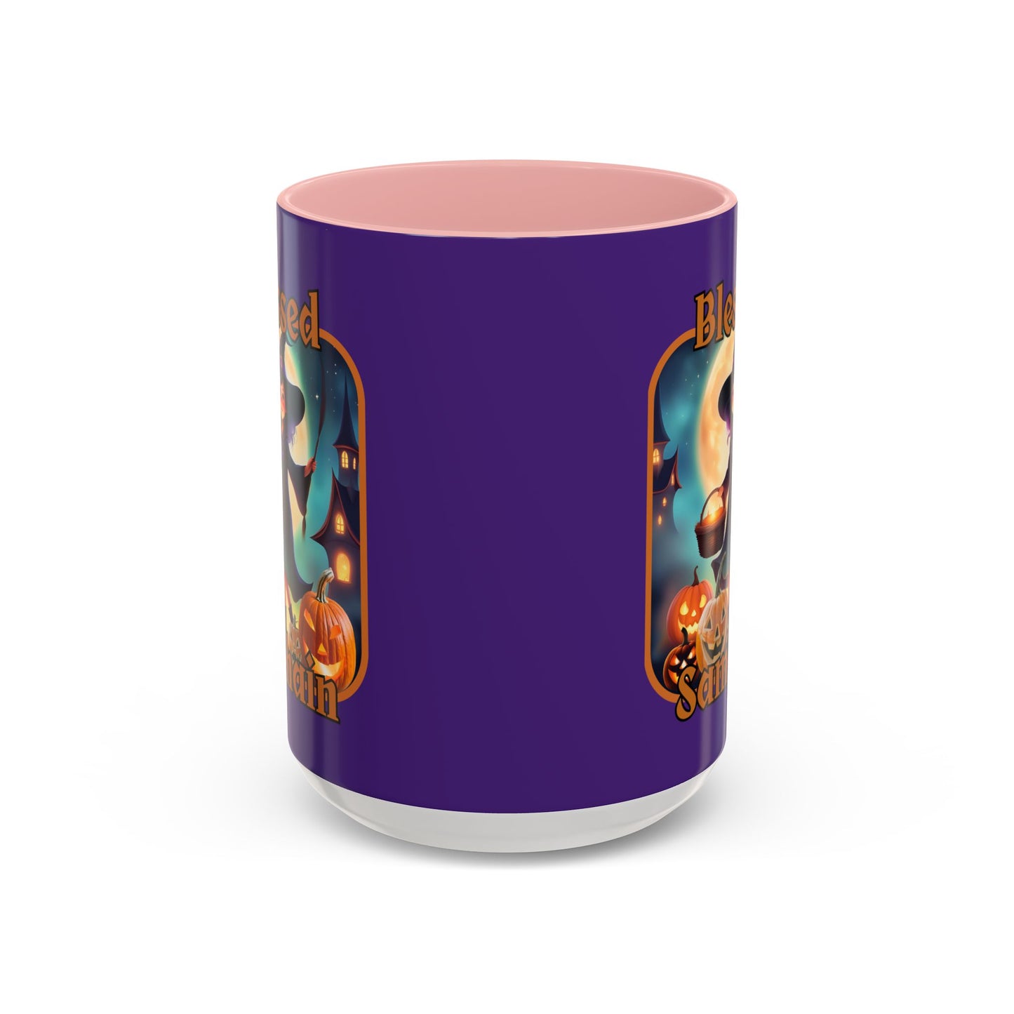 Blessed Samhain Little Witch Orange font Purple Accent Mug by CreepyCrafts.boo