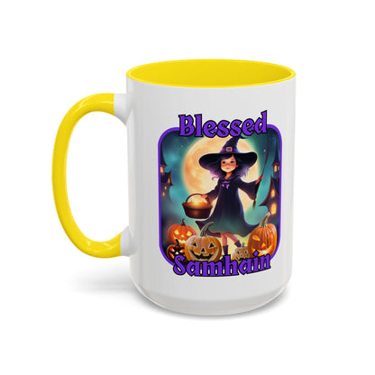 Blessed Samhain Little Witch Purple font White Accent Mug by CreepyCrafts.boo