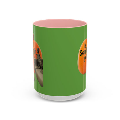 Is It Samhain Yet? Skeleton's Giant Pumpkin Green Accent Mug by CreepyCrafts.boo