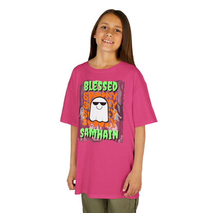 Spooky Blessed Samhain Ghost Green font Kids Heavy Cotton™ Tee by CreepyCrafts.boo