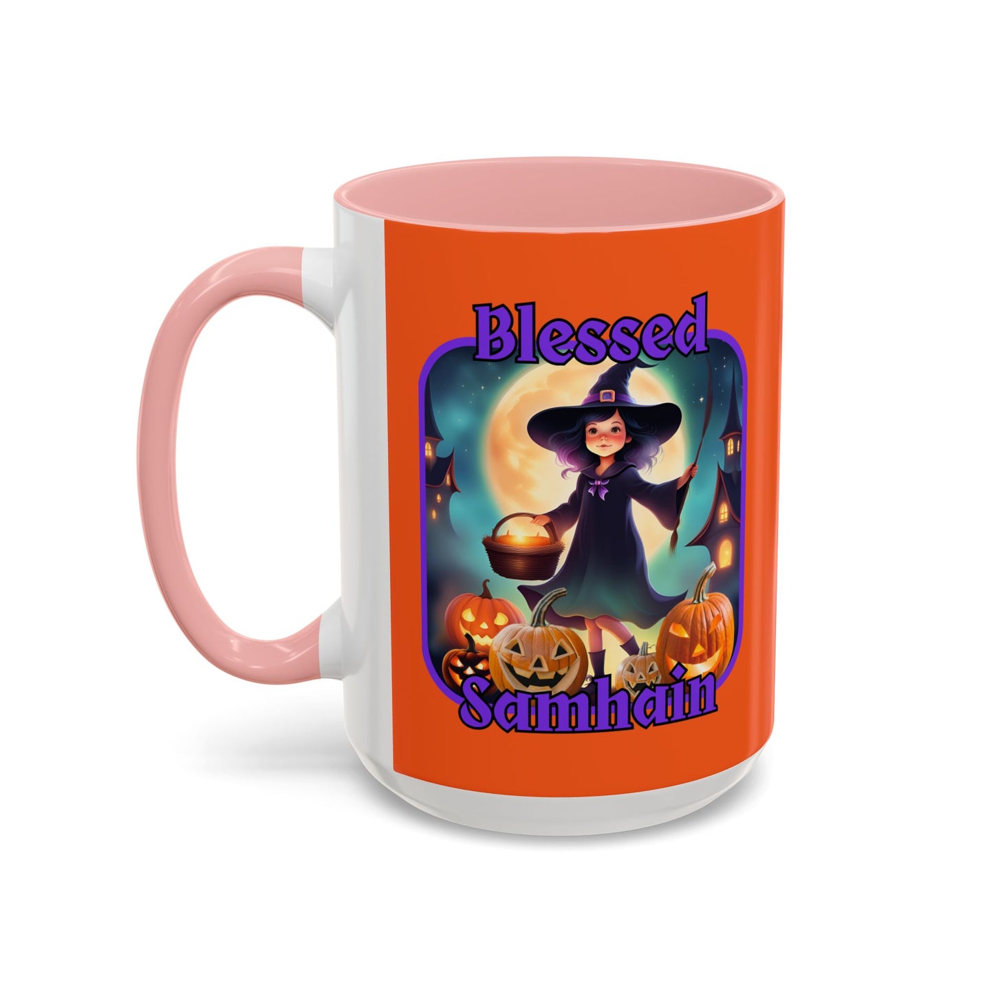 Blessed Samhain Little Witch Purple font Orange Accent Mug by CreepyCrafts.boo