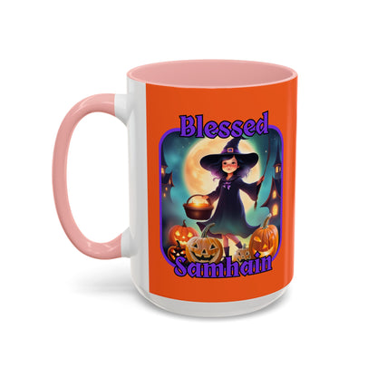 Blessed Samhain Little Witch Purple font Orange Accent Mug by CreepyCrafts.boo