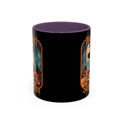 Blessed Samhain Cute Witch Orange font Black Accent Mug by CreepyCrafts.boo