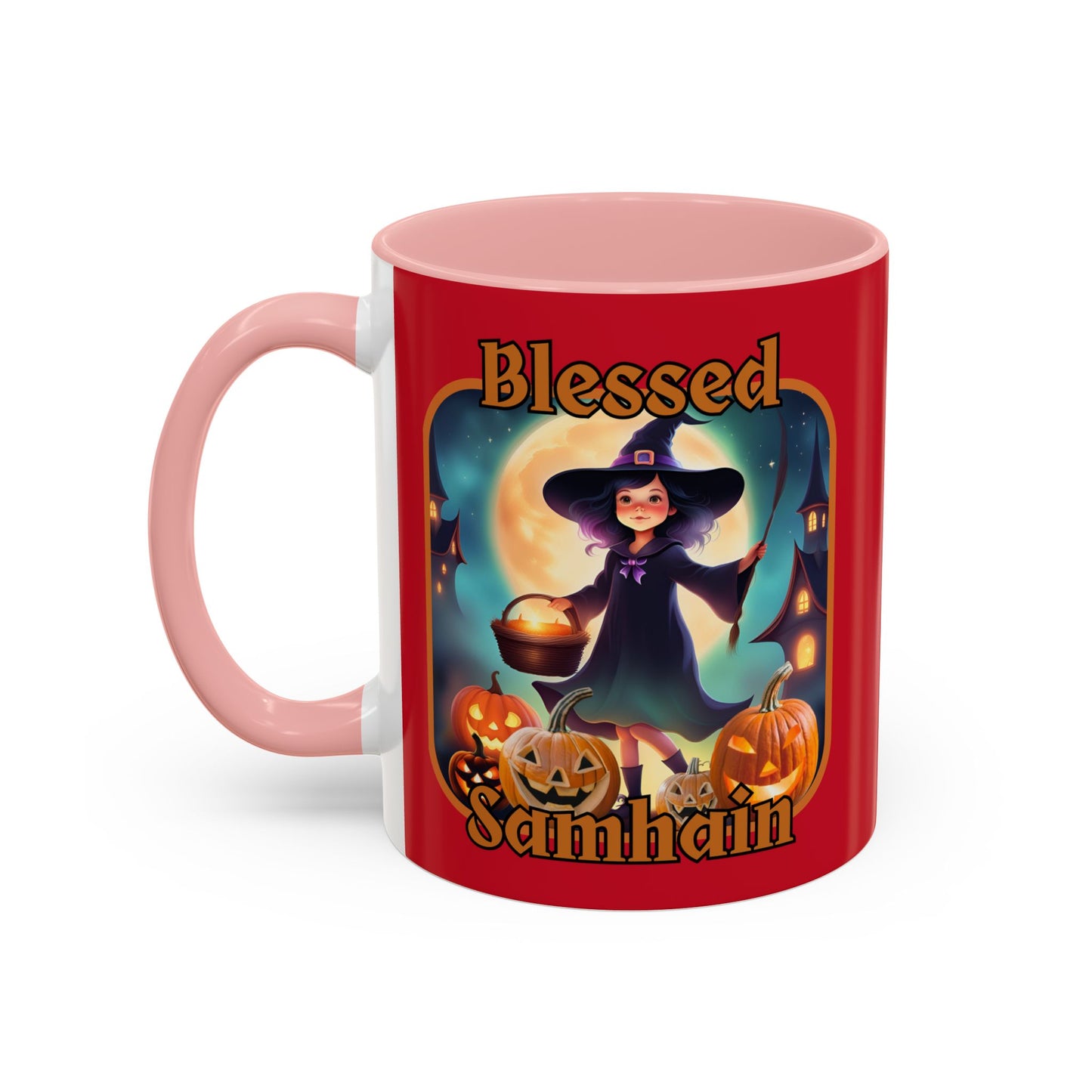 Blessed Samhain Little Witch Orange font Red Accent Mug by CreepyCrafts.boo