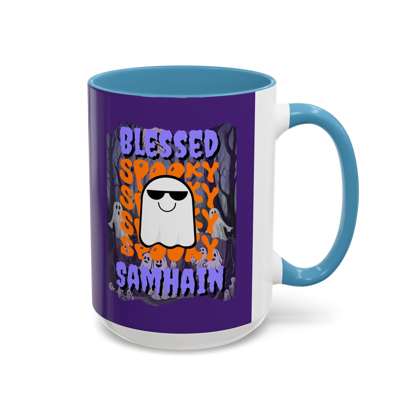 Spooky Blessed Samhain Ghost Purple font Accent Mug by CreepyCrafts.boo