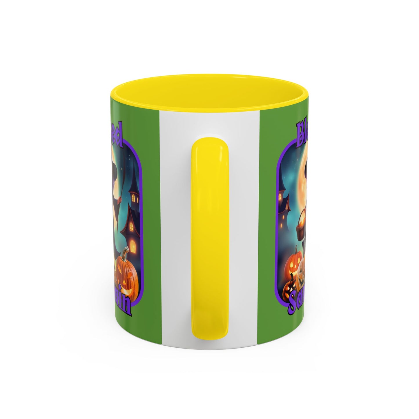 Blessed Samhain Little Witch Purple font Green Accent Mug by CreepyCrafts.boo