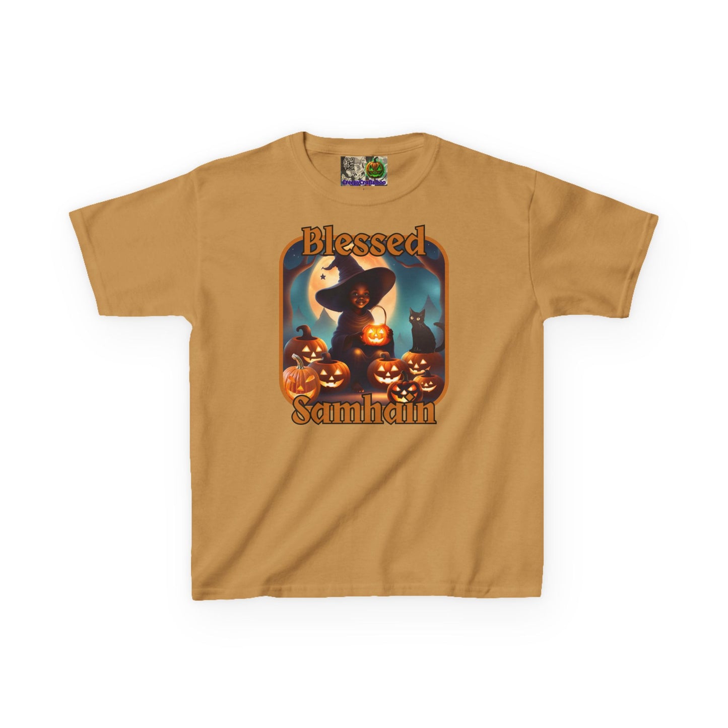 Blessed Samhain Cute Witch Orange font Kids Heavy Cotton™ Tee by CreepyCrafts.boo