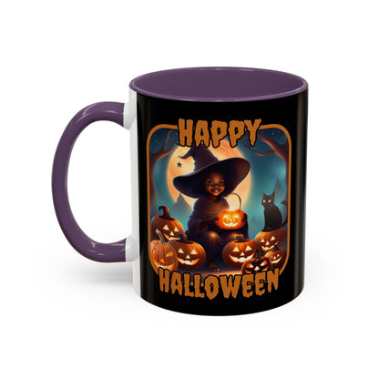 Happy Halloween Cute Witch Orange font Black Accent Mug by CreepyCrafts.boo