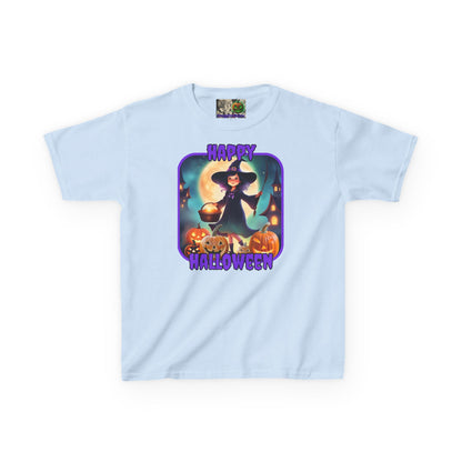 Happy Halloween Little Witch Purple font Kids Heavy Cotton™ Tee by CreepyCrafts.boo