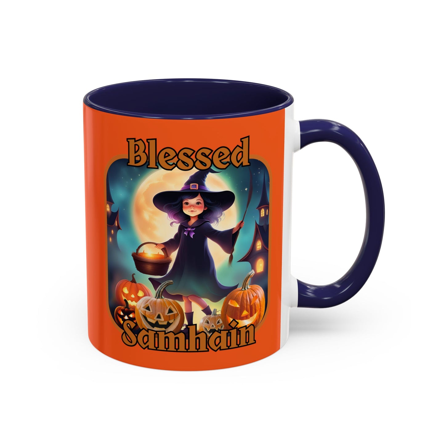 Blessed Samhain Little Witch Orange font Orange Accent Mug by CreepyCrafts.boo
