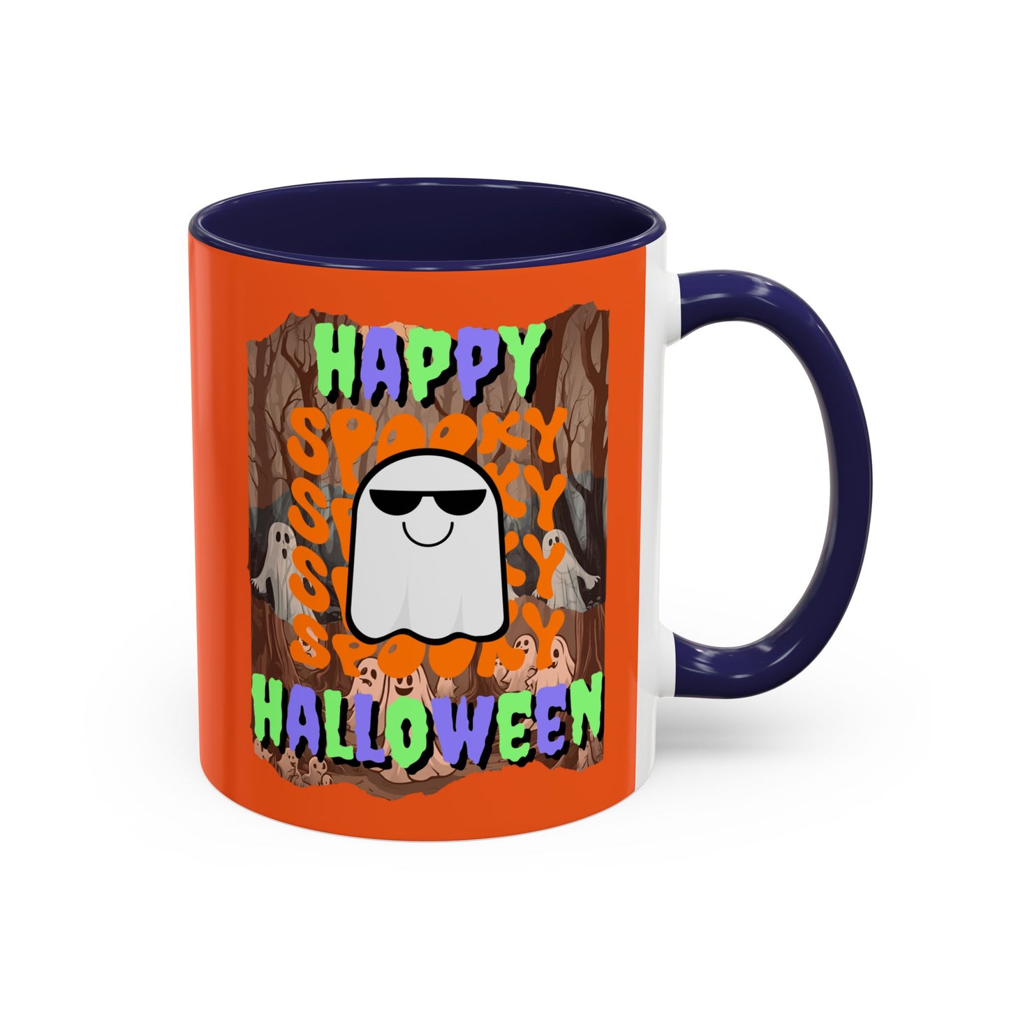 Spooky Happy Halloween Ghost Mixed font Orange Accent Mug by CreepyCrafts.boo