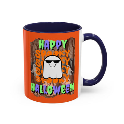 Spooky Happy Halloween Ghost Mixed font Orange Accent Mug by CreepyCrafts.boo