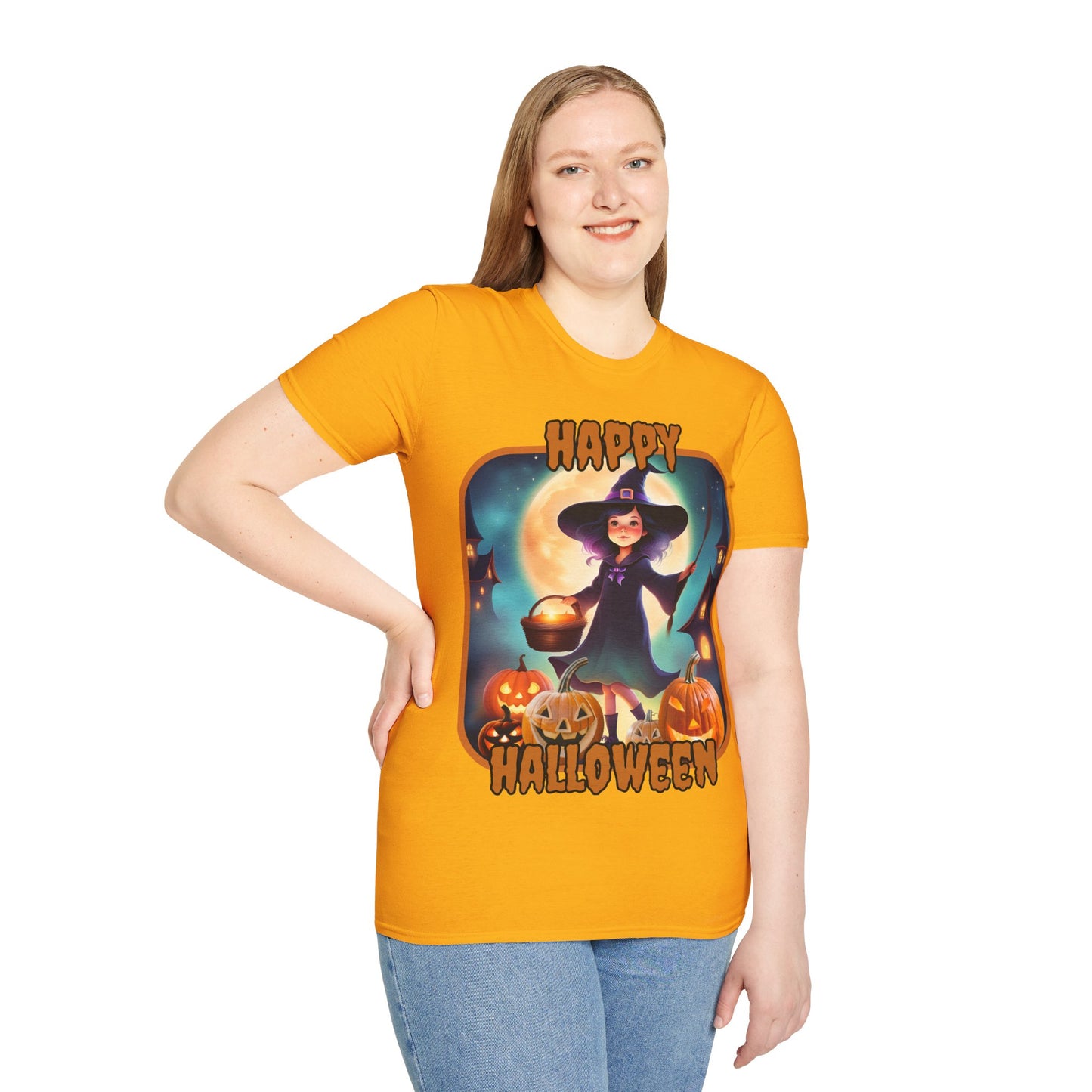 Happy Halloween Little Witch Orange font, Light colors, Unisex T-Shirt by CreepyCrafts.boo