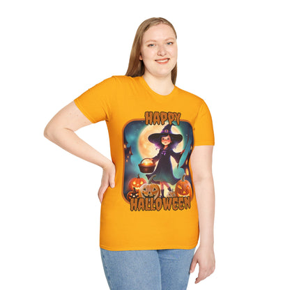 Happy Halloween Little Witch Orange font, Light colors, Unisex T-Shirt by CreepyCrafts.boo