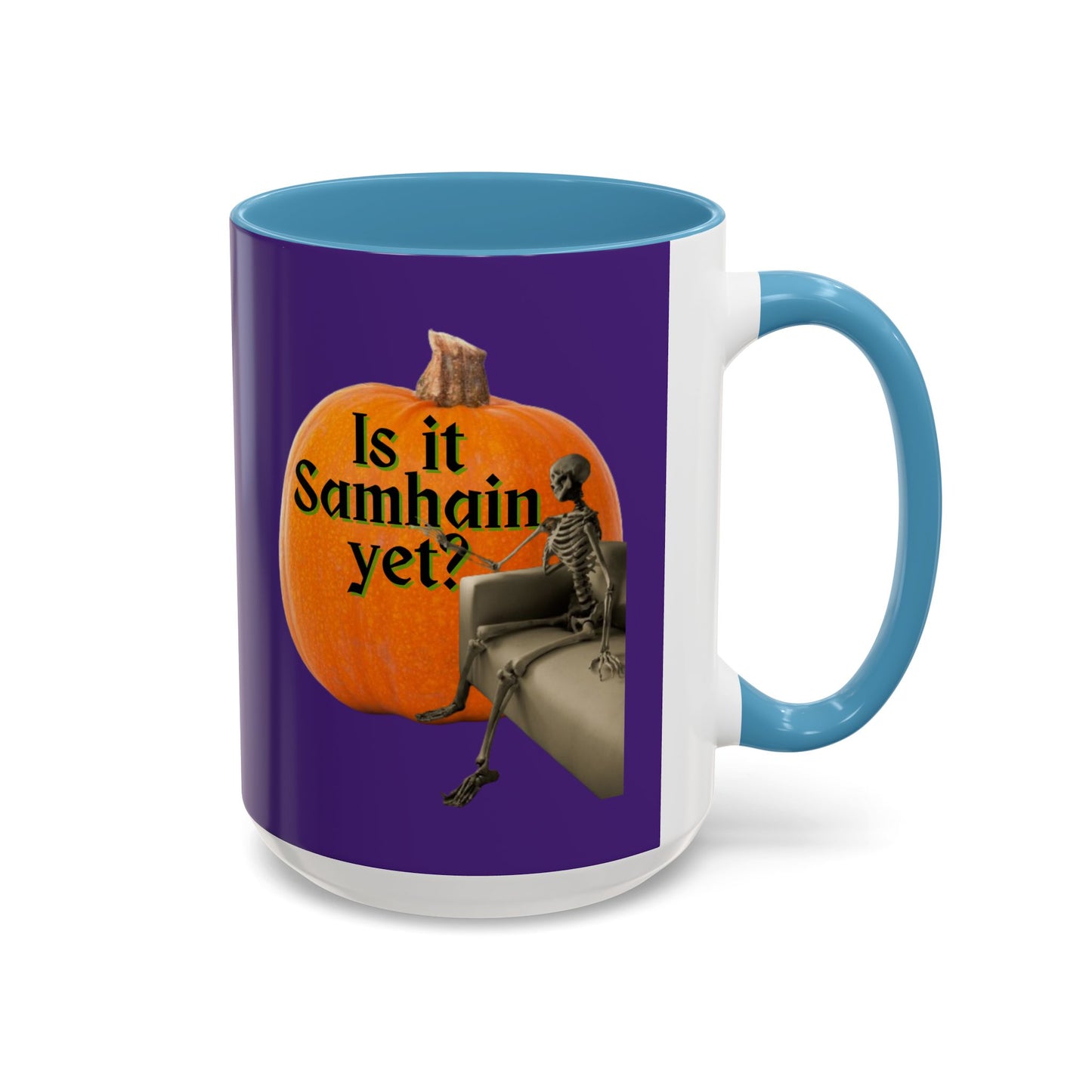 Is It Samhain Yet? Skeleton's Giant Pumpkin Purple Accent Mug by CreepyCrafts.boo