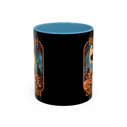 Blessed Samhain Cute Witch Orange font Black Accent Mug by CreepyCrafts.boo