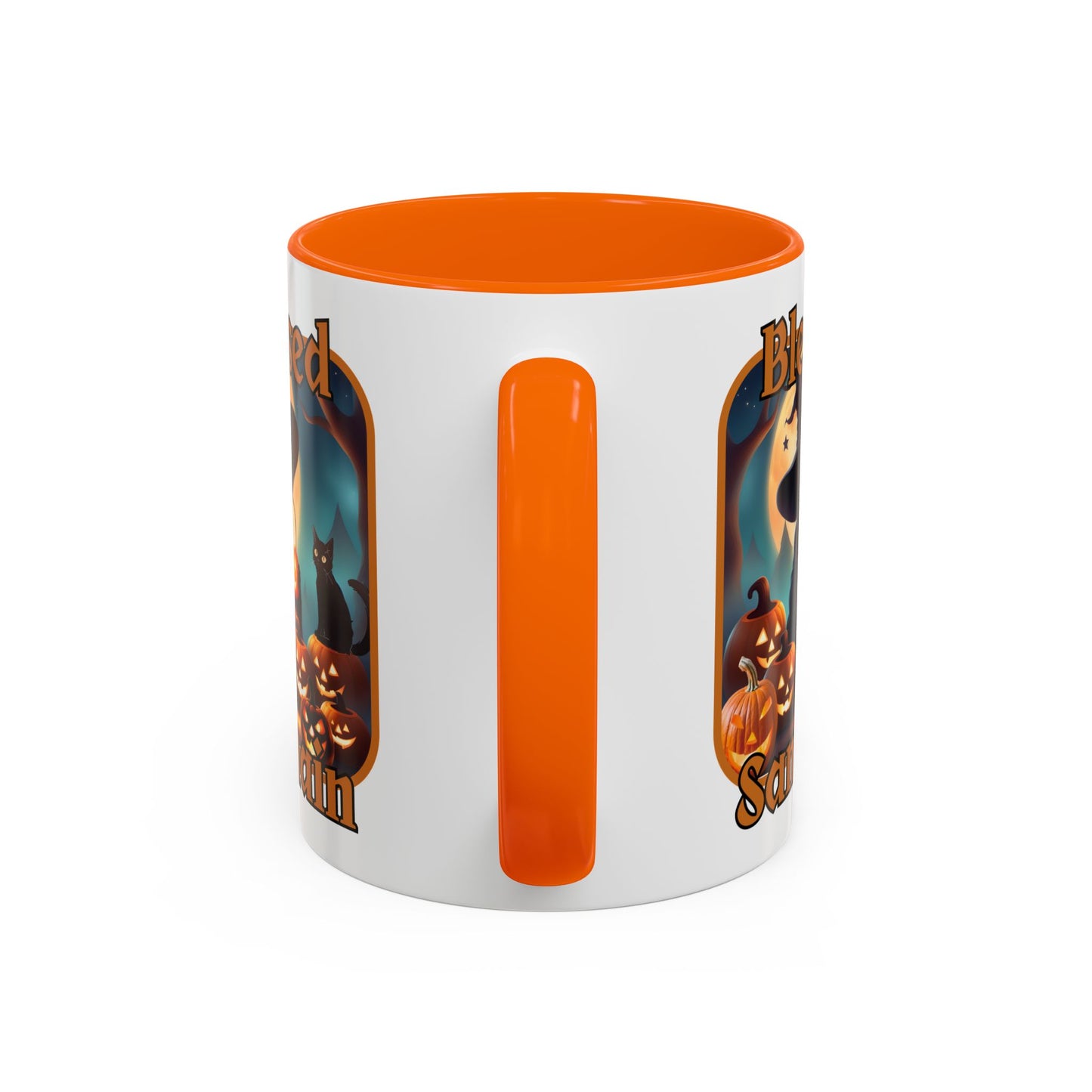 Blessed Samhain Cute Witch Orange font White Accent Mug by CreepyCrafts.boo