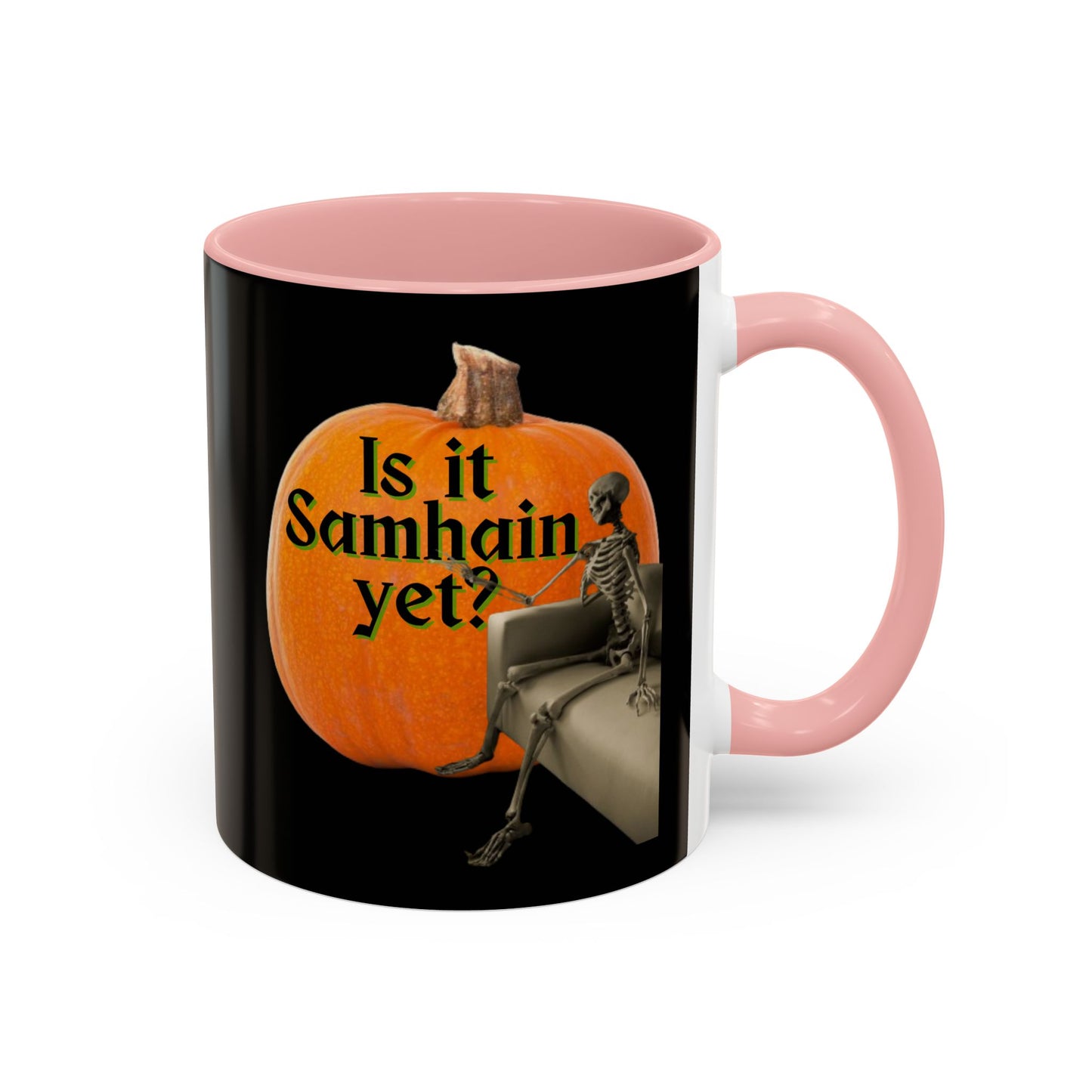 Is It Samhain Yet? Skeleton's Giant Pumpkin Black Accent Mug by CreepyCrafts.boo