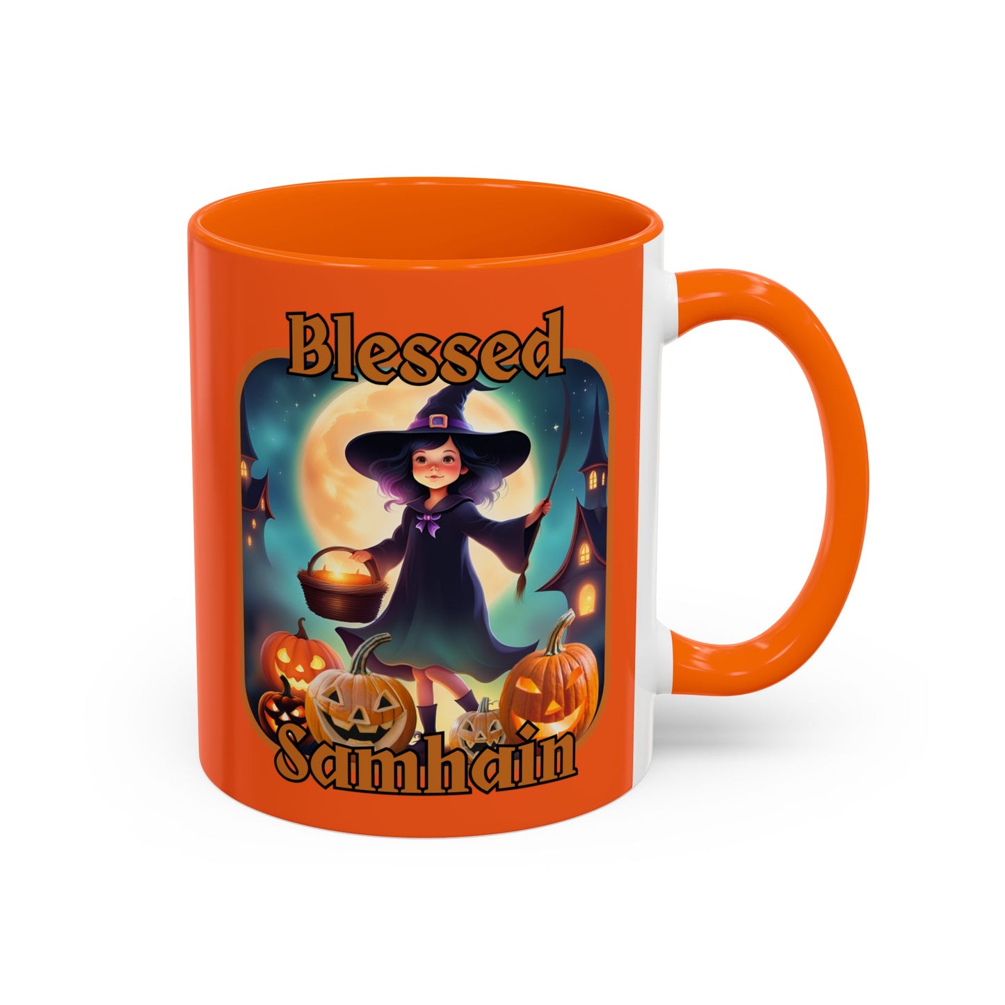 Blessed Samhain Little Witch Orange font Orange Accent Mug by CreepyCrafts.boo