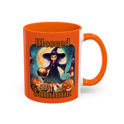 Blessed Samhain Little Witch Orange font Orange Accent Mug by CreepyCrafts.boo