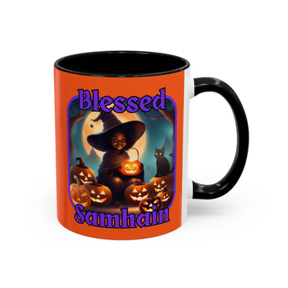 Blessed Samhain Cute Witch Purple font Orange Accent Mug by CreepyCrafts.boo