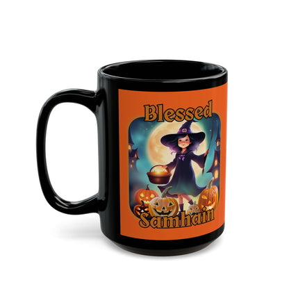 Blessed Samhain Little Witch Orange font Orange Mug by CreepyCrafts.boo