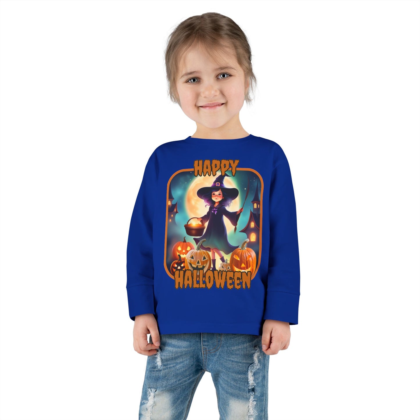 Happy Halloween Little Witch Orange font Toddler Long Sleeve Tee by CreepyCrafts.boo
