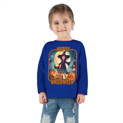 Happy Halloween Little Witch Orange font Toddler Long Sleeve Tee by CreepyCrafts.boo