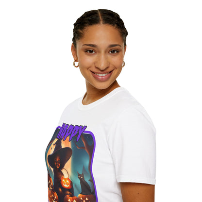 Happy Halloween Cute Witch Purple font Light colors Unisex T-Shirt by CreepyCrafts.boo
