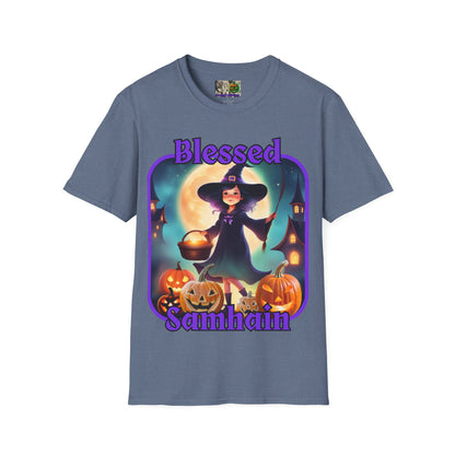 Blessed Samhain Little Witch Purple font Dark colors Unisex T-Shirt by CreepyCrafts.boo