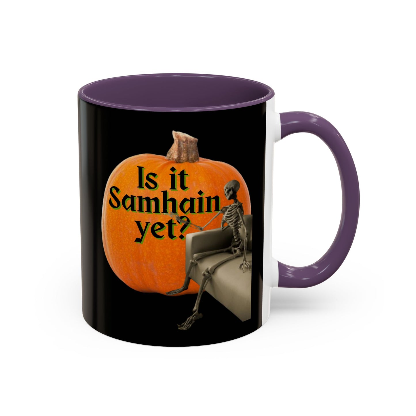 Is It Samhain Yet? Skeleton's Giant Pumpkin Black Accent Mug by CreepyCrafts.boo